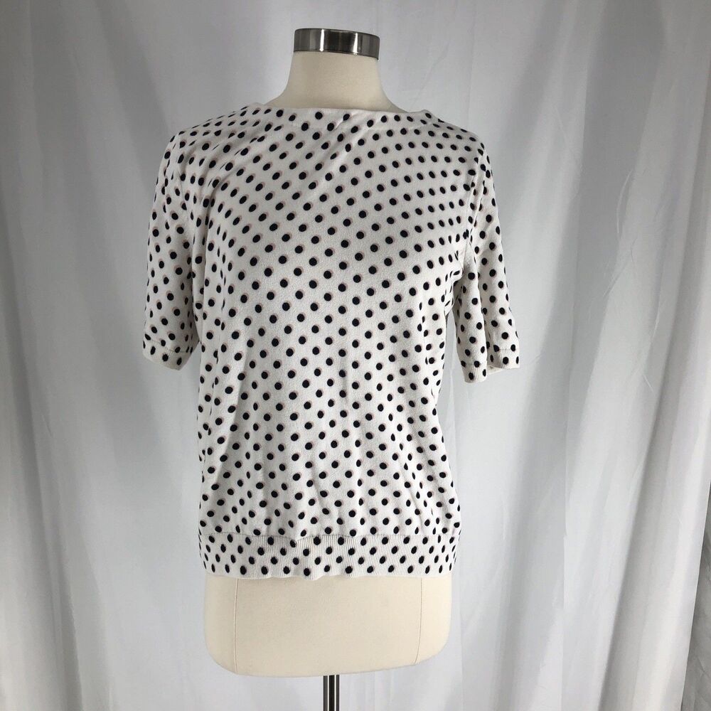 Talbots Polka Dot Puff Sleeve Sweater White Scoop Neck Pullover Sz Large